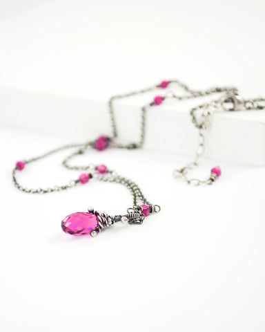 Silver fuchsia pink swarovski pendant necklace