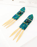 Green blue geometric statement earrings | brass long dangles