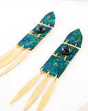 Green blue geometric statement earrings | brass long dangles