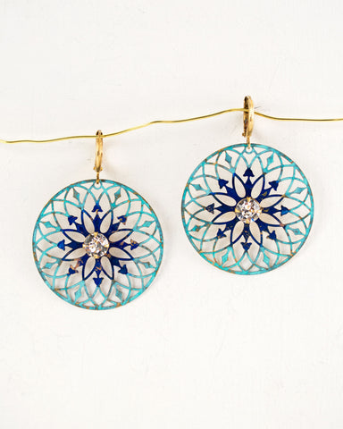 turquoise blue circle dangle earrings by exquistry, handmade in Seattle