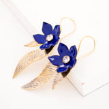 Royal blue flower earrings | Brass leaves dangles