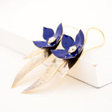 Royal blue flower earrings | Brass leaves dangles