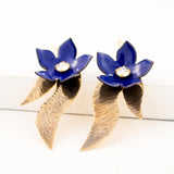 Royal blue flower earrings | Brass leaves dangles
