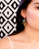 Forest green enamel flower earrings | Brass leaves dangles
