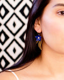 Royal blue flower earrings | Brass leaves dangles