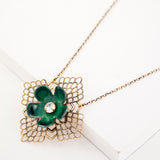 Vintage style green flower brass filigree pendant necklace