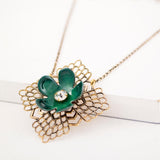 Vintage style green flower brass filigree pendant necklace