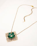 Vintage style green flower brass filigree pendant necklace