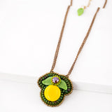 Lemon and leaves hand beaded pendant necklace