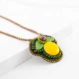 Lemon and leaves hand beaded pendant necklace