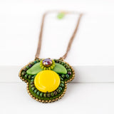 Lemon and leaves hand beaded pendant necklace