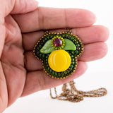 Lemon and leaves hand beaded pendant necklace