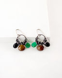 Silver dangle earrings | black spinel, green, rust orange quartz drops