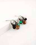 Silver dangle earrings | black spinel, green, rust orange quartz drops