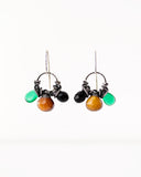 Silver dangle earrings | black spinel, green, rust orange quartz drops