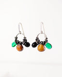 Silver dangle earrings | black spinel, green, rust orange quartz drops