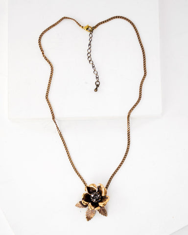 Vintage Gold Tone Navy Blue Rhinestones Flower Statement Necklace