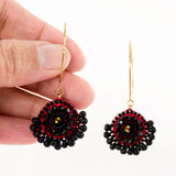Black red gold hand beaded statement dangle earrings