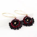 Black red gold hand beaded statement dangle earrings