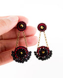Unique hand beaded chandelier earrings in red black and gold