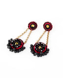 Unique hand beaded chandelier earrings in red black and gold