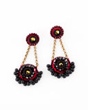 Unique hand beaded chandelier earrings in red black and gold