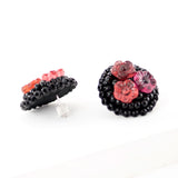 Black pink hand beaded flower earrings | big statement studs