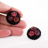 Black pink hand beaded flower earrings | big statement studs
