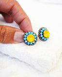 Yellow swarovski statement stud earrings | Turquoise beaded earrings
