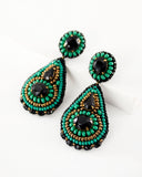 hand beaded black and green statement earrings