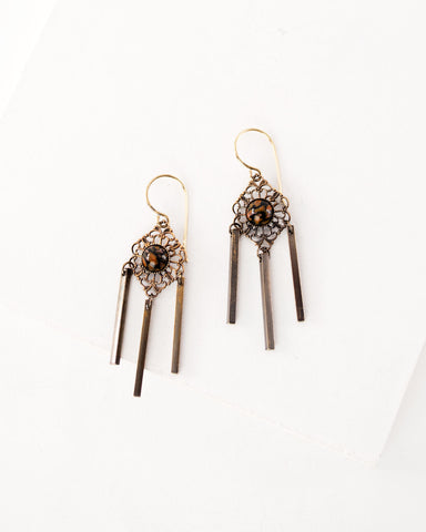 Delicate antique filigree dangles | orange black earrings