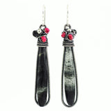 Silver drop earrings with black quartz and pink ruby