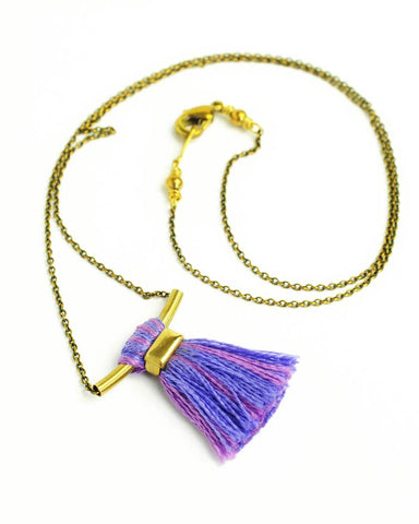 Blue pink tassel necklace | Boho lavender gold brass necklace