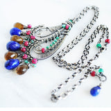 Blue lapis lazuli, earthy quartz, multi color statement necklace