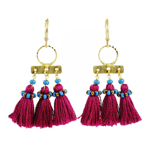 Burgundy tassel earrings | maroon gold tribal earrings | fringe earrings