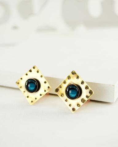 Square vintage style brass clip on earrings with blue stone