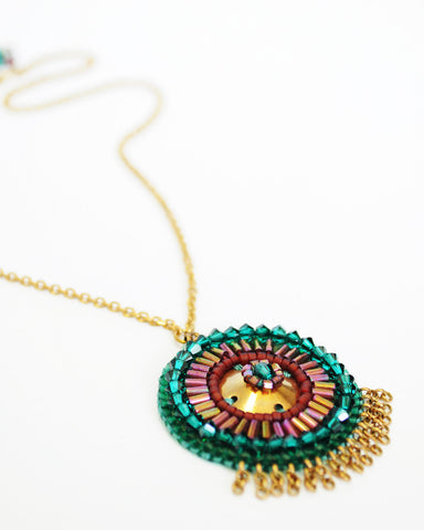 Gold emerald burgundy tribal pendant necklace - Exquistry - 1