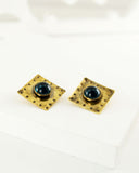 Square vintage style brass clip on earrings with blue stone