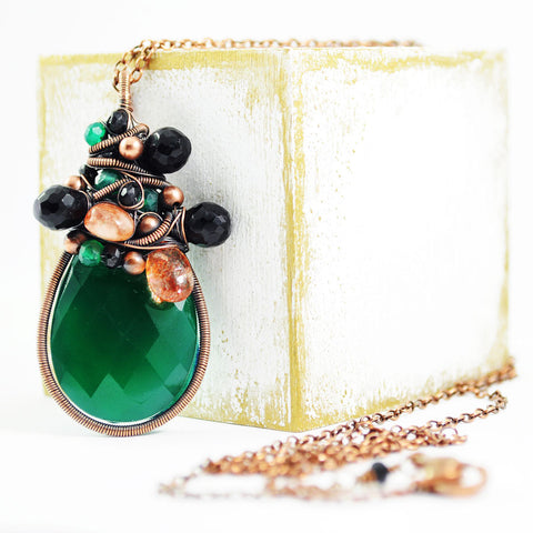 Emerald green, black, copper necklace - Exquistry - 1