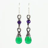 Emerald green and purple silver dangle earrings