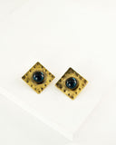 Square vintage style brass clip on earrings with blue stone