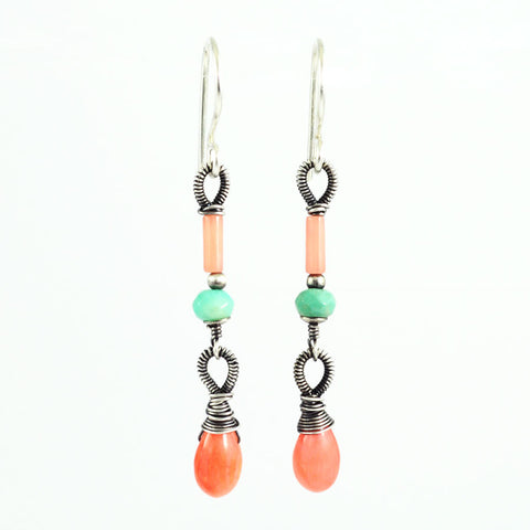 Mint peach coral delicate dangle earrings