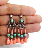 Silver, peach coral and turquoise dangle earrings - amisha rathod - 2