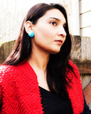 Hand beaded turquoise flower earrings | vintage style big studs