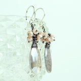 Gray quartz, pink opal cluster earrings | Silver dangles