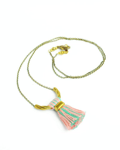 Pink teal tassel necklace | brass delicate necklace