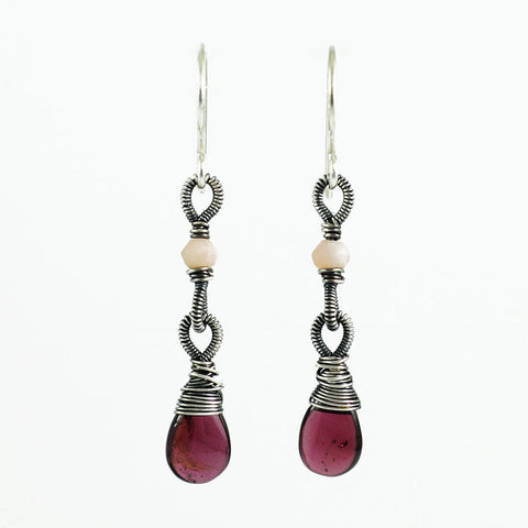 Plum and pink silver delicate dangle earrings