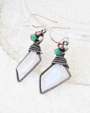 Rainbow moonstone earrings | Silver drop earrings with ruby, pearl, green onyx