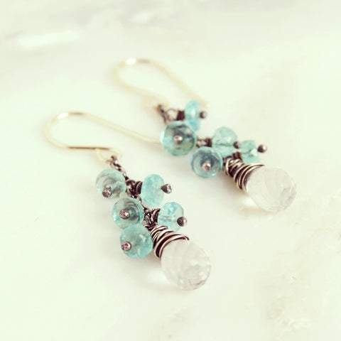 Rock crystal and aquamarine earrings | Silver dangle earrings