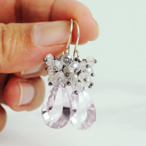 Pink amethyst earrings | Rock crystal earrings | Silver dangles